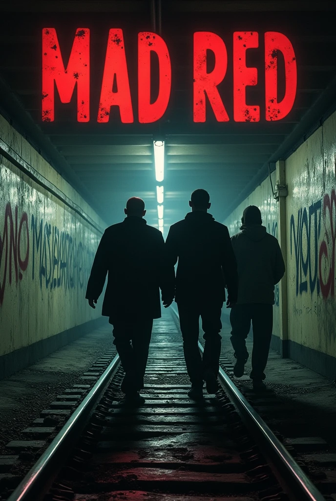 Dark subway tracks, 90s with graffiti, 3 men walking, that their faces are not seen, one of them must be fat, that says MAD RED somewhere on the image and Last Station as a header in smaller font