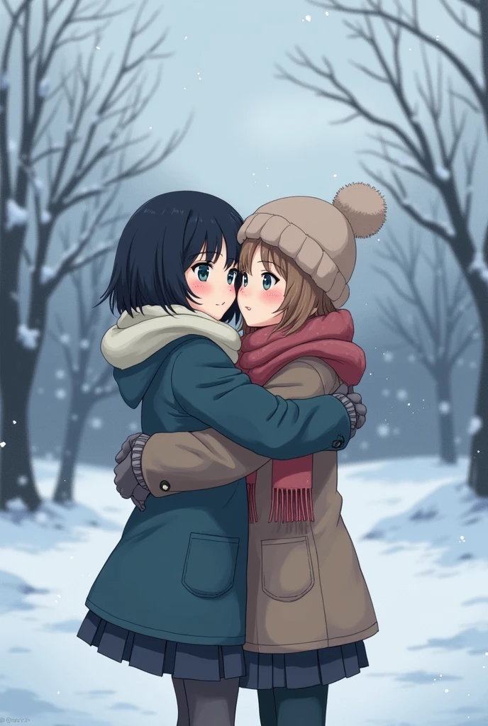 2 anime girls in the cold, and they are wearing winter clothes 