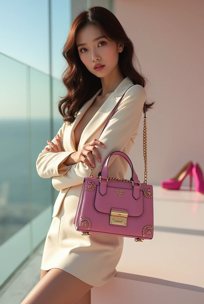 The fashion model is holding a trendy Korean brand bag and looks like Yang Mi. She is wearing pink high heels.