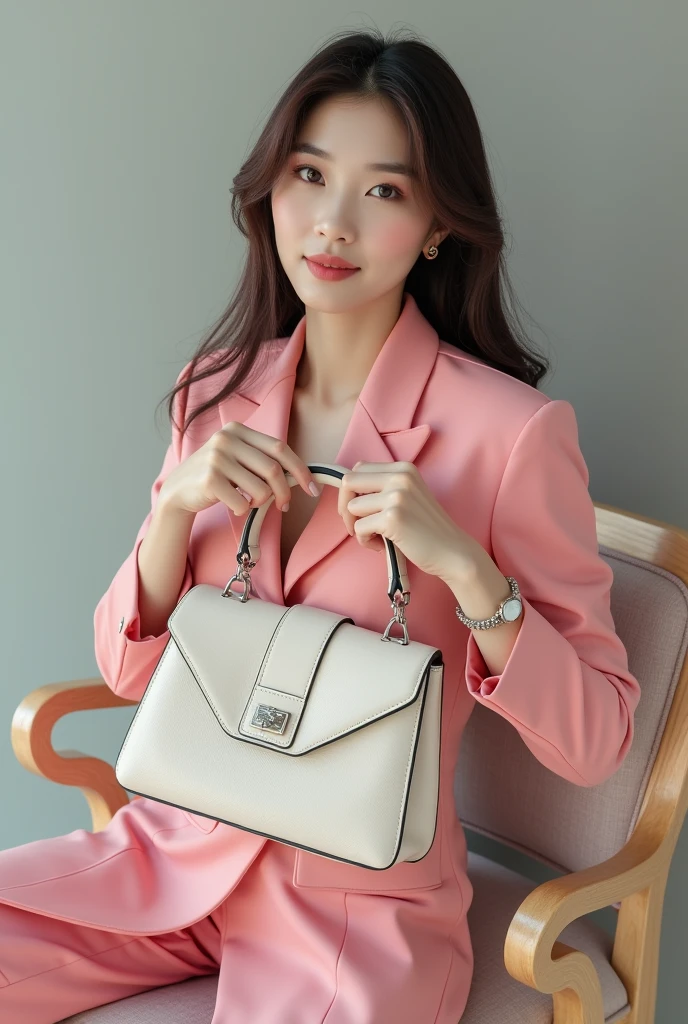The fashion model is holding a trendy Korean brand bag and looks like Yang Mi. She is wearing pink high heels.