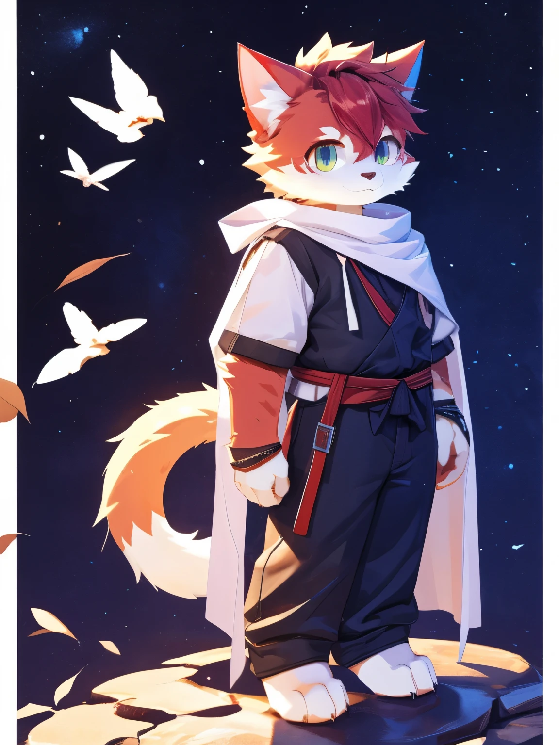 nj5furry,kemono,full-length portrait,anthro,hi res,male,Red hair,Cat,White cape,strong,Fluffy hair,Plush paw,A tail,Delicate eyes,Detailed eyes