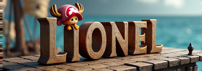 3D written banner "Lionel NFT" with the character Tony Tony Chopper's hat on top of one of the letters, with pirate theme background