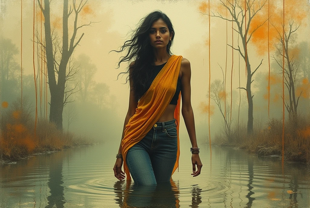 70s setting, grainy analog film, abstract art, stylish legend, artwork, conceptual art, indian woman, drowning in swamp, jeans, sari, abstract, ogange white green