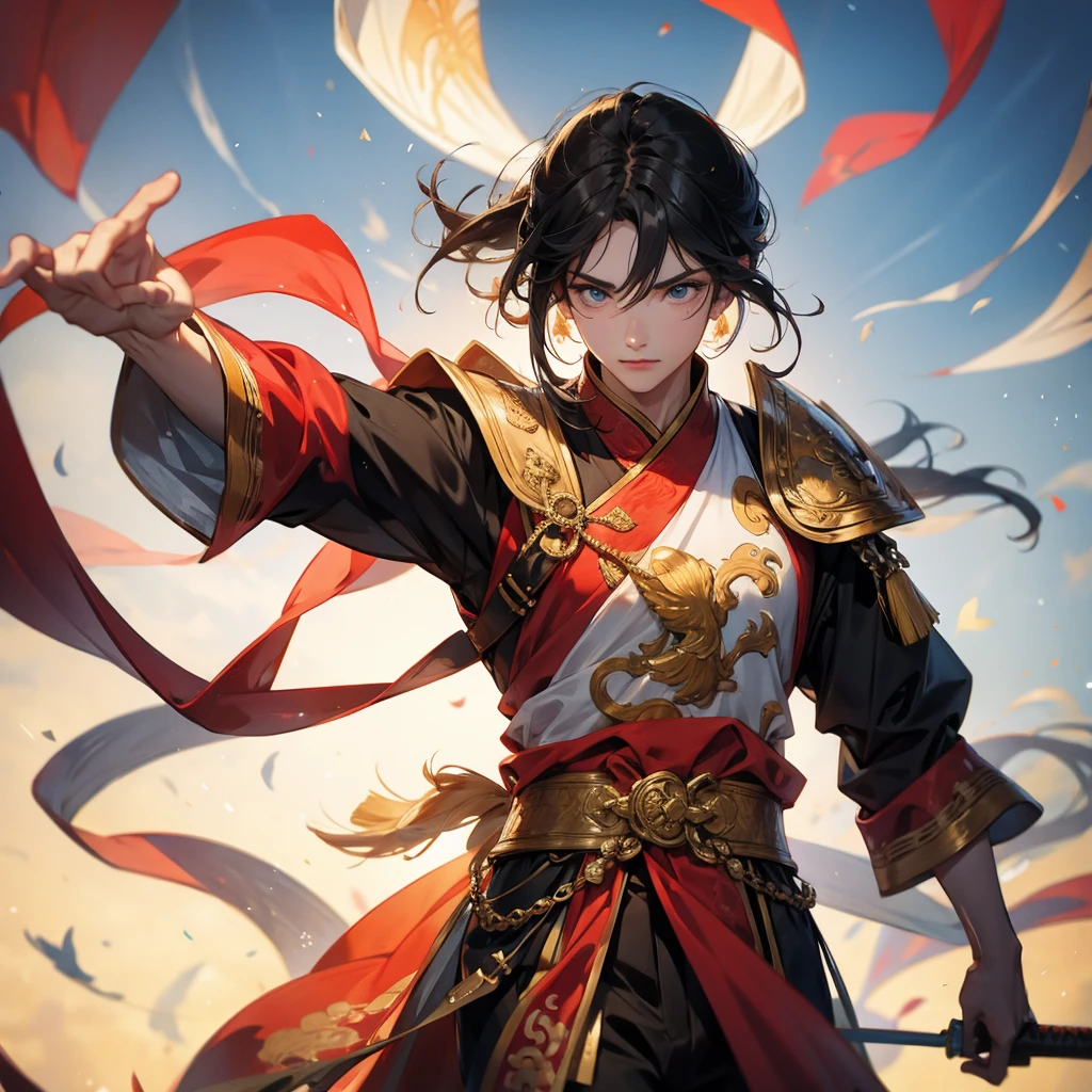 A handsome male general holding a big sword in ancient Chinese clothing on an ancient Chinese battlefield.