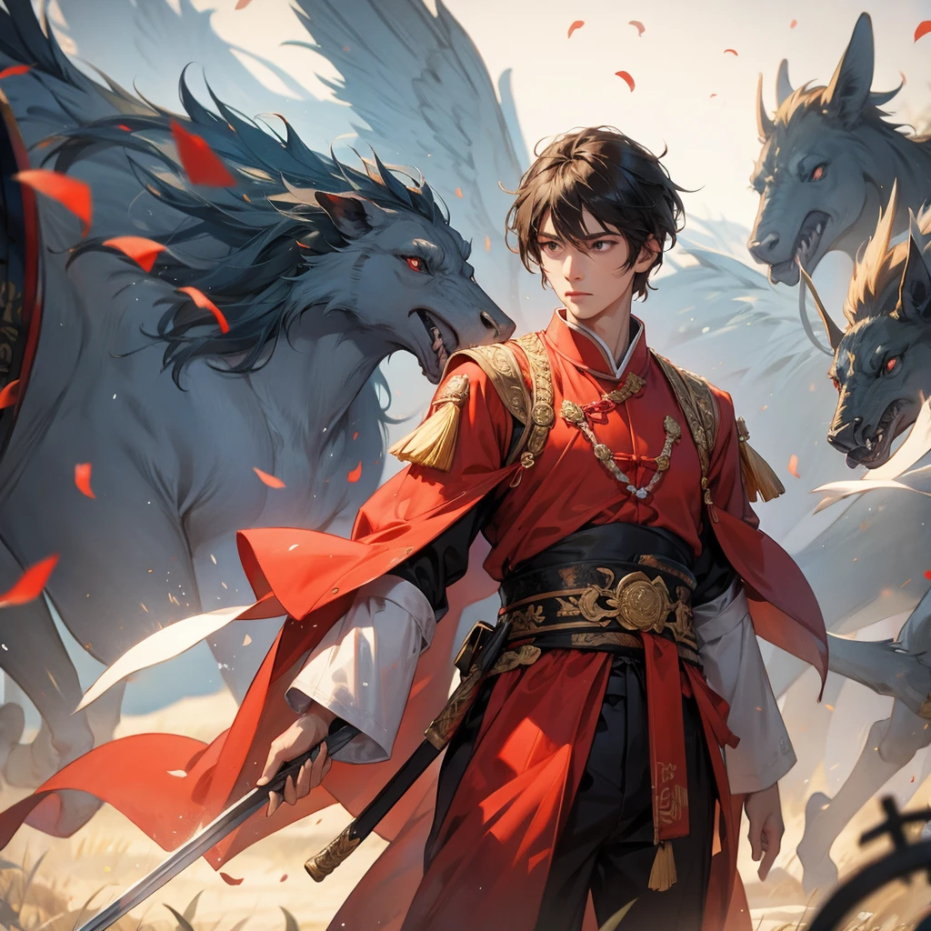 A handsome male general holding a big sword in ancient Chinese clothing on an ancient Chinese battlefield.
