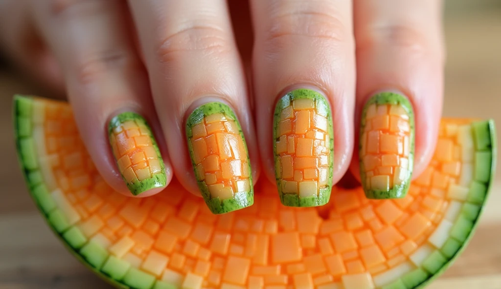 **Cantaloupe Mosaic Nail Art:** Transform your nails into a mosaic of cantaloupe pieces. Each nail is divided into tiny geometric segments, with the orange flesh forming the central parts of the design and the green rind creating the outer borders. The background is made up of smaller mosaic tiles in soft, earthy tones that reflect the cantaloupe skin’s texture. This design offers a playful, artistic take on the cantaloupe theme.
