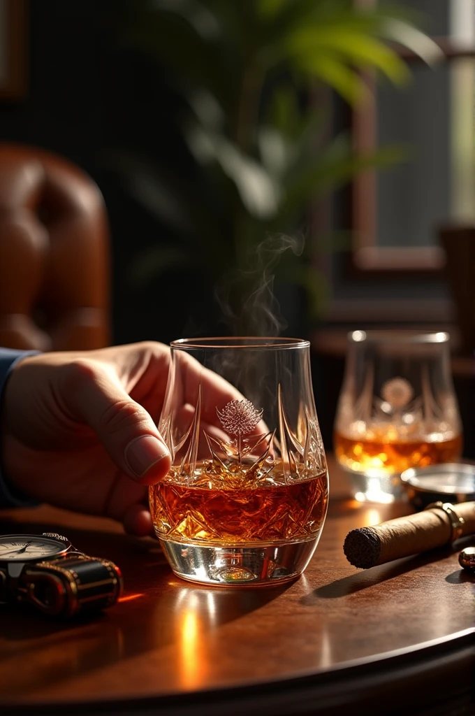 smoking cuban cigar on ashtray, glass of cognac, oak leaves, blurred light spots background lounge feeling