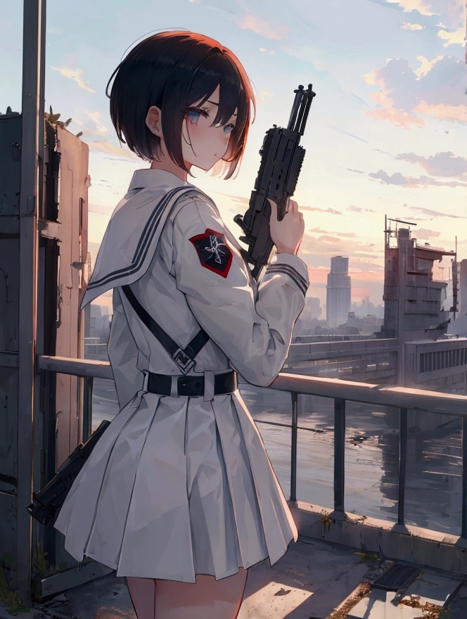 masterpiece, best quality, high school girl, short hair, white uniforms, ruin, dawn, fall city, gun, looking at sky, sad face, aesthetics, Highly detailed