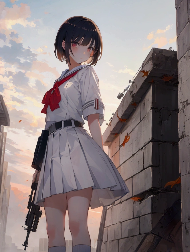 masterpiece, best quality, high school girl, short hair, white uniforms, ruin, dawn, fall city, gun, looking at sky, sad face, aesthetics, Highly detailed