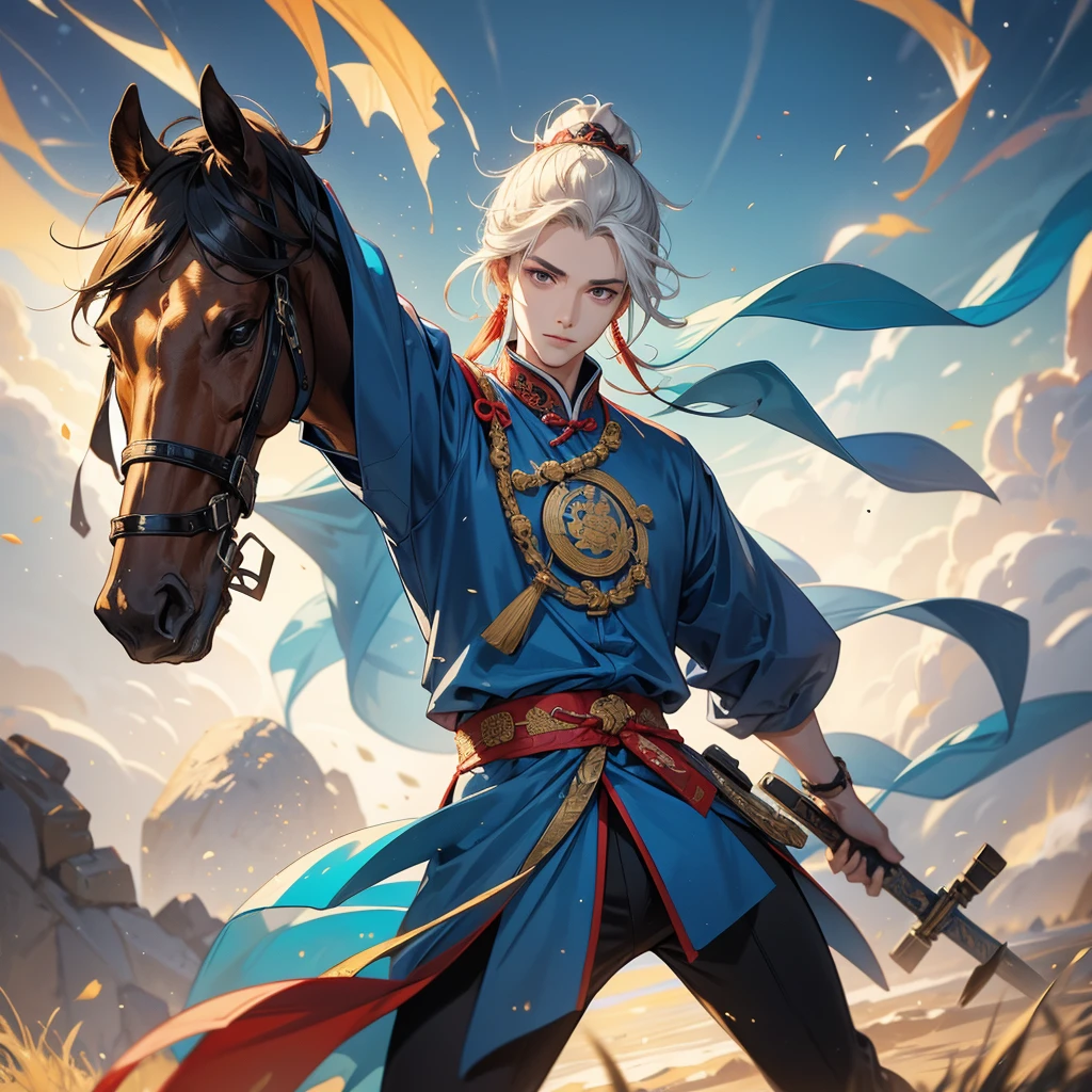 A handsome male general holding a big sword in ancient Chinese clothing on an ancient Chinese battlefield.
