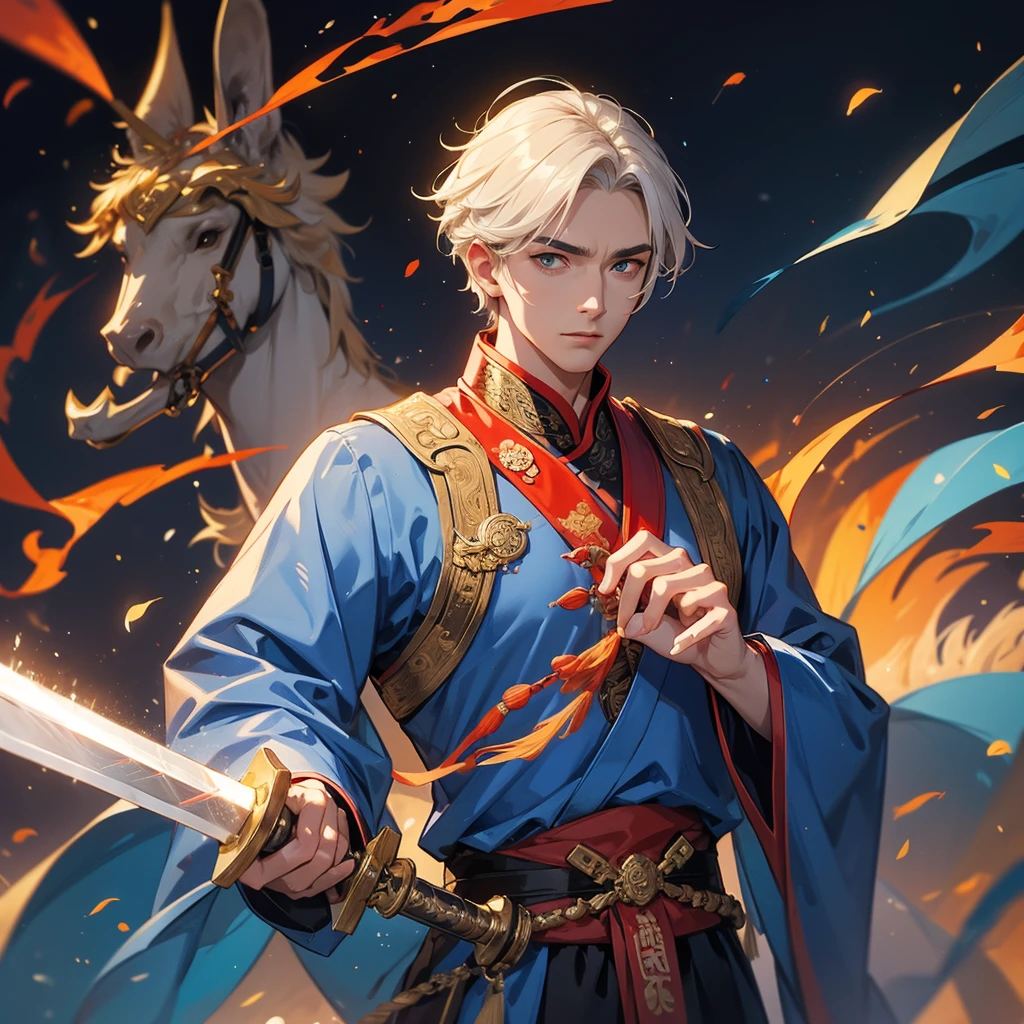 A handsome male general holding a big sword in ancient Chinese clothing on an ancient Chinese battlefield.