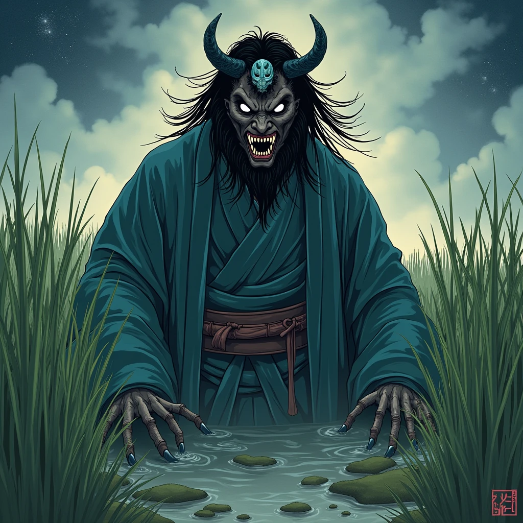 Create a detailed and atmospheric illustration of a traditional Japanese Yasha or Oni.. The scene should evoke ancient folklore and a sense of dread, Feature Yasha or Oni with traditional Japanese clothing and features. The background is a rice paddy, with the demon's lower body buried in the soil。. The delicate rice paddy contrasts with the menacing presence of the oni and yasha。, Creates a scene that is both unsettling and melancholic. wood々Soft starlight filtering through the gaps, and、A faint breeze adds a sense of eeriness to the atmosphere. The character should have a terrifying expression, With sharp claws, Sharp Eye, Emphasize the supernatural and ominous nature through traditional Japanese masks.