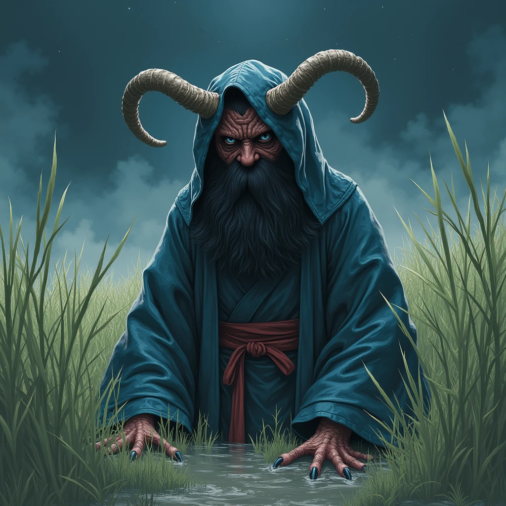 Create a detailed and atmospheric illustration of a traditional Japanese Yasha or Oni.. The scene should evoke ancient folklore and a sense of dread, Feature Yasha or Oni with traditional Japanese clothing and features. The background is a rice paddy, with the demon's lower body buried in the soil。. The delicate rice paddy contrasts with the menacing presence of the oni and yasha。, Creates a scene that is both unsettling and melancholic. wood々Soft starlight filtering through the gaps, and、A faint breeze adds a sense of eeriness to the atmosphere. The character should have a terrifying expression, With sharp claws, Sharp Eye, Emphasize the supernatural and ominous nature through traditional Japanese masks.