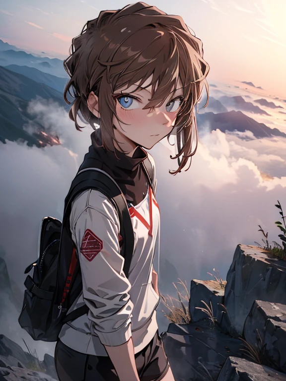 (Mysterious Fog:1.5), Morning Glow, Summit, Mountaineering, Mountain climbing, cute, Beauty, Shortcuts, Haibara Ai, Brown Hair, (masterpiece), highest quality, 1girl, uhd, retina, masterpiece, ccurate, anatomically correct, textured skin, super detail, high details, high quality, best quality, highres, 4K