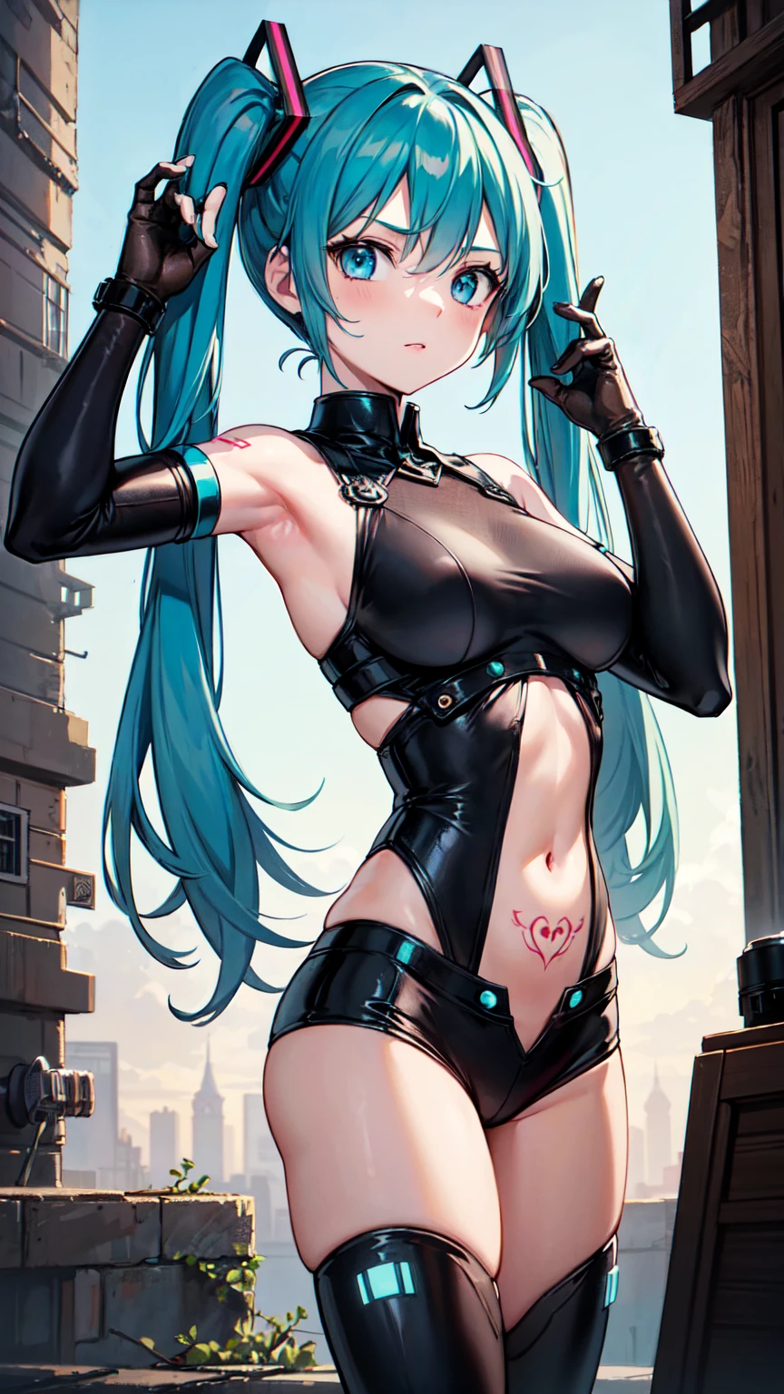 Hatsune Miku VOCALOID、Twin tails、Light blue hair、Light blue eyes、((Detailed photo of a futuristic beautiful female warrior in a dystopian city, Tattered clothes with rusty metal armor)), long and disheveled hair, Tattoos on the arm and body, Fashion pose, Blue eyes with round irises, Detailed face, Apocalyptic Environment, Natural body pose, Professional Photographer, Shooting with a professional SLR camera, Professional fantasy artist, Professional Rococo and Baroque Background Artist, Professional Art Station Artists