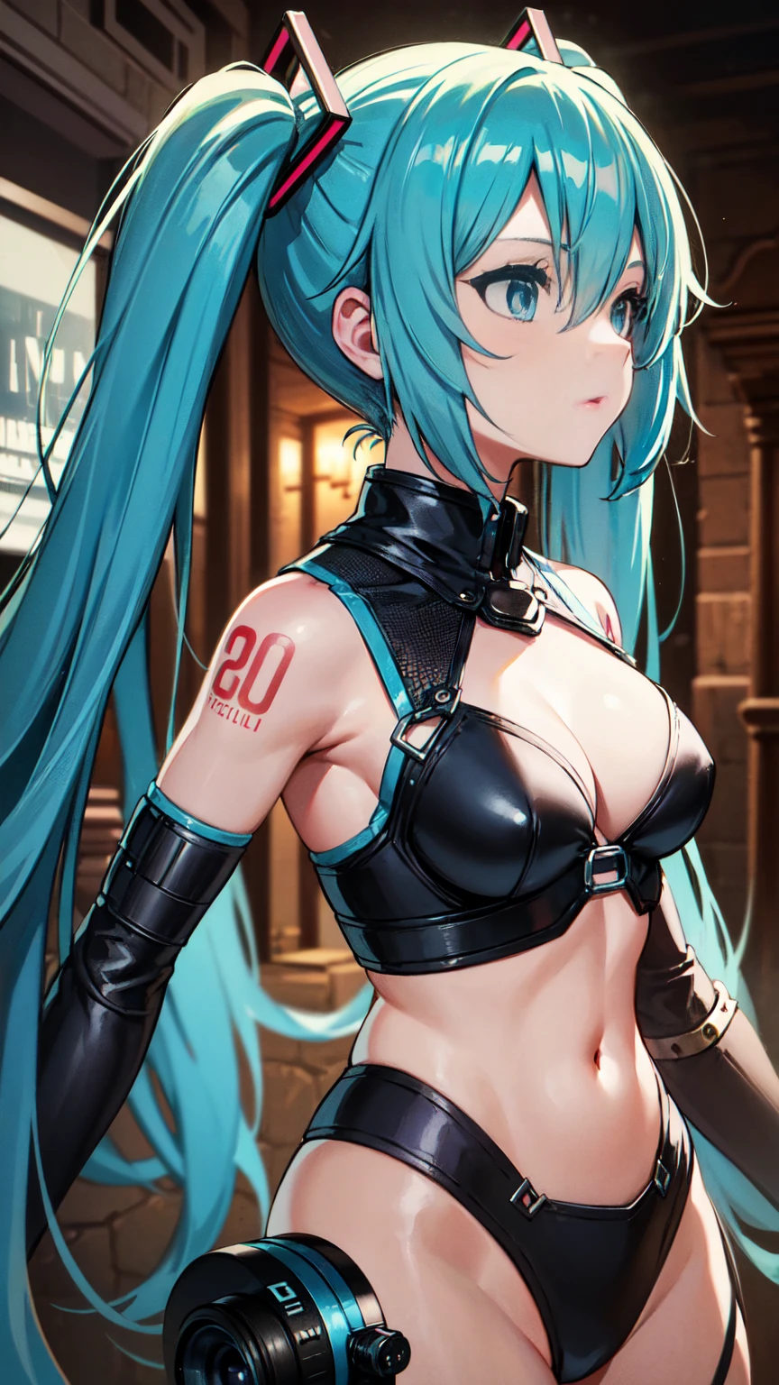 Hatsune Miku VOCALOID、Twin tails、Light blue hair、Light blue eyes、((Detailed photo of a futuristic beautiful female warrior in a dystopian city, Tattered clothes with rusty metal armor)), long and disheveled hair, Tattoos on the arm and body, Fashion pose, Blue eyes with round irises, Detailed face, Apocalyptic Environment, Natural body pose, Professional Photographer, Shooting with a professional SLR camera, Professional fantasy artist, Professional Rococo and Baroque Background Artist, Professional Art Station Artists