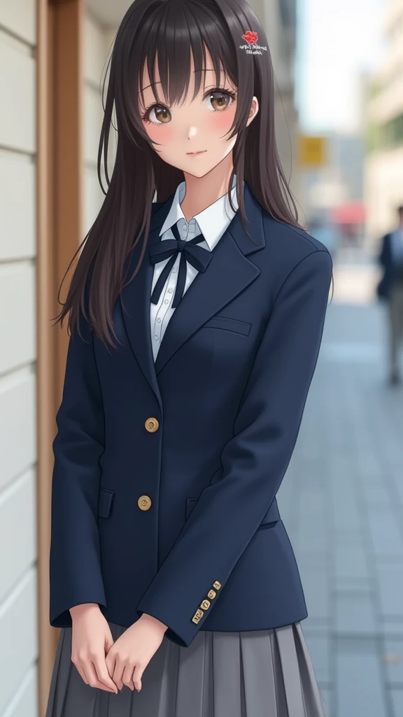 Japanese 18 year old high school girl、Navy blue blazer uniform、Grey pleated mile、whole body