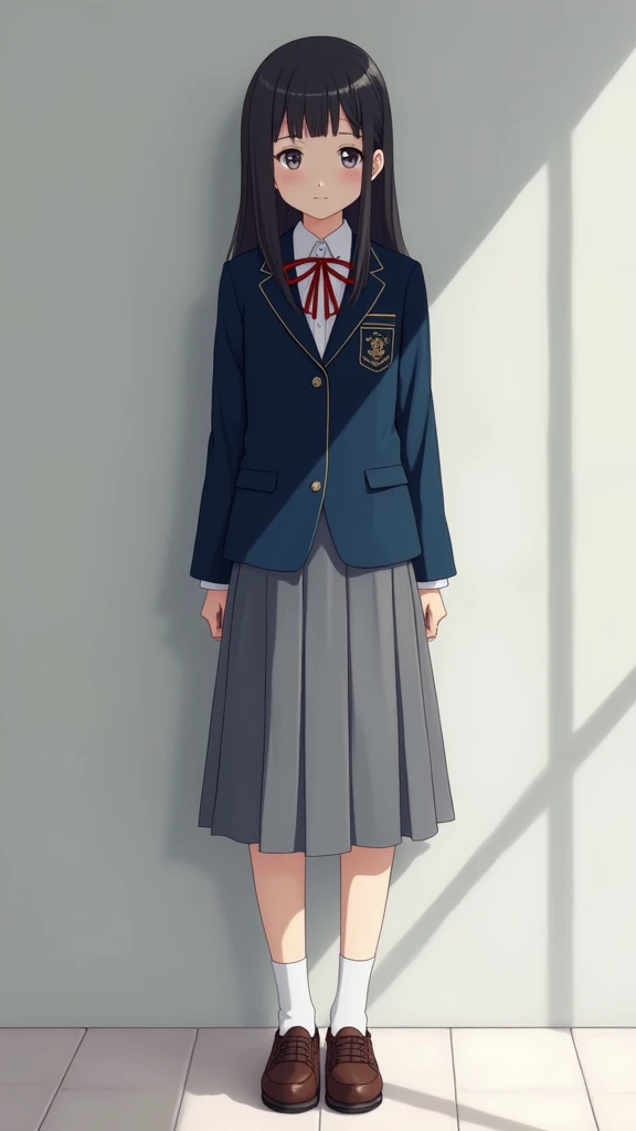 Japanese 18 year old high school girl、Navy blue blazer uniform、Grey pleated mile、whole body