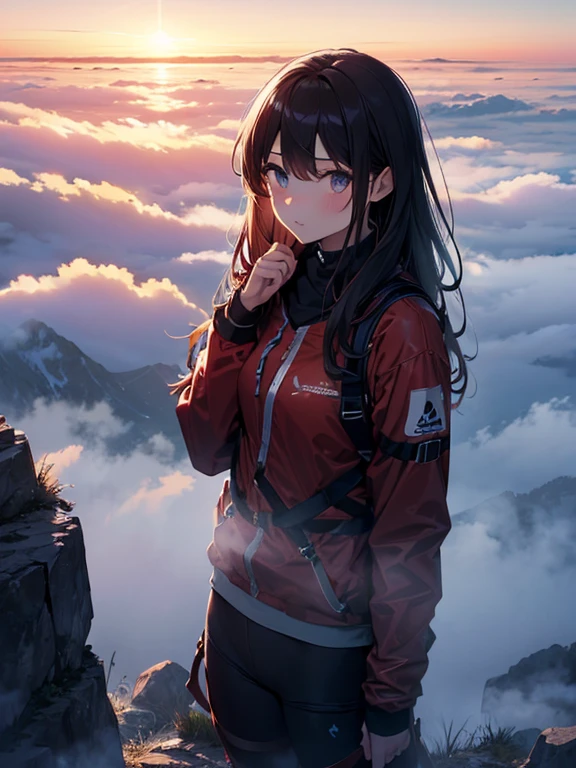 (Mysterious Fog:1.5), Morning Glow, Summit, Mountaineering, Mountain climbing, cute, Beauty, Tohsaka Rin, (masterpiece), highest quality, 1girl, uhd, retina, masterpiece, ccurate, anatomically correct, textured skin, super detail, high details, high quality, best quality, highres, 4K