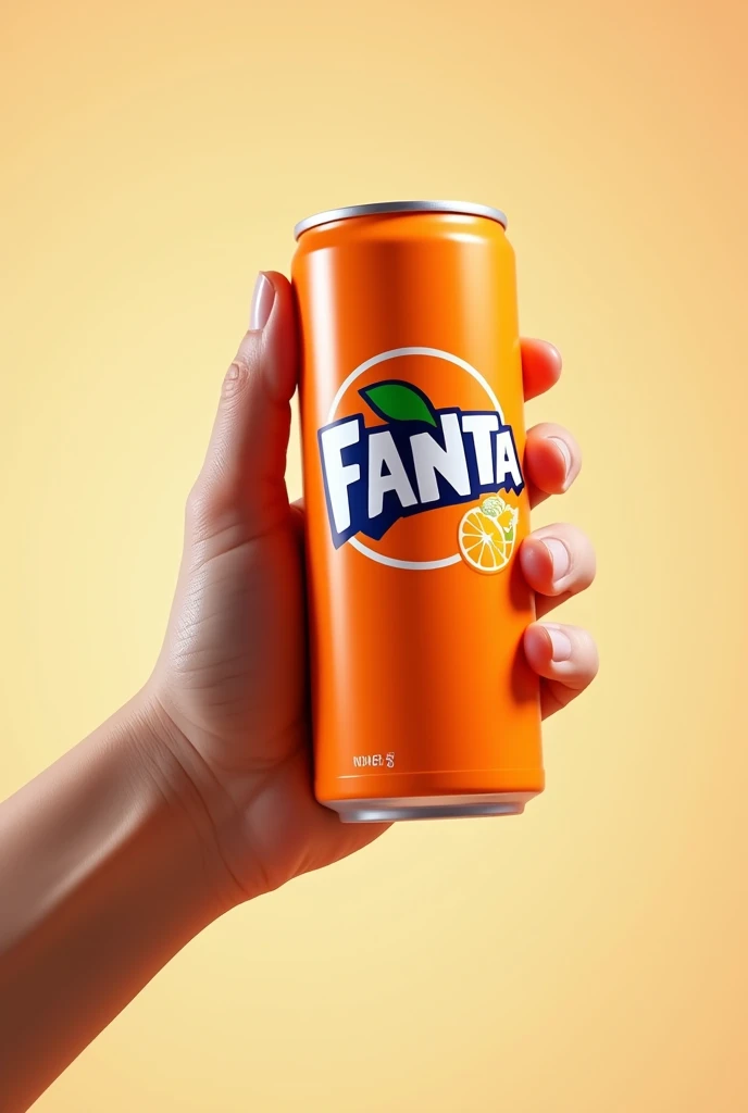 A hand holding a can of orange-flavored Fanta
