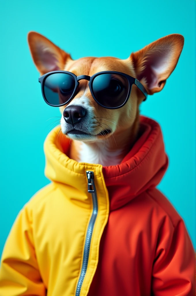 The best cell phone wallpaper, Award-Winning Wallpaper, portrait photography, In the front view is a portrait of a cute dog wearing mid-1960s space age fashion, Side view photo, Shot with Canon EOS R5, Set a strong contrast that accentuates the subject, Fluorescent blue tone, Wearing a very modern coat and sunglasses is a modern 1960s style, Clothes all in one color, beautiful background