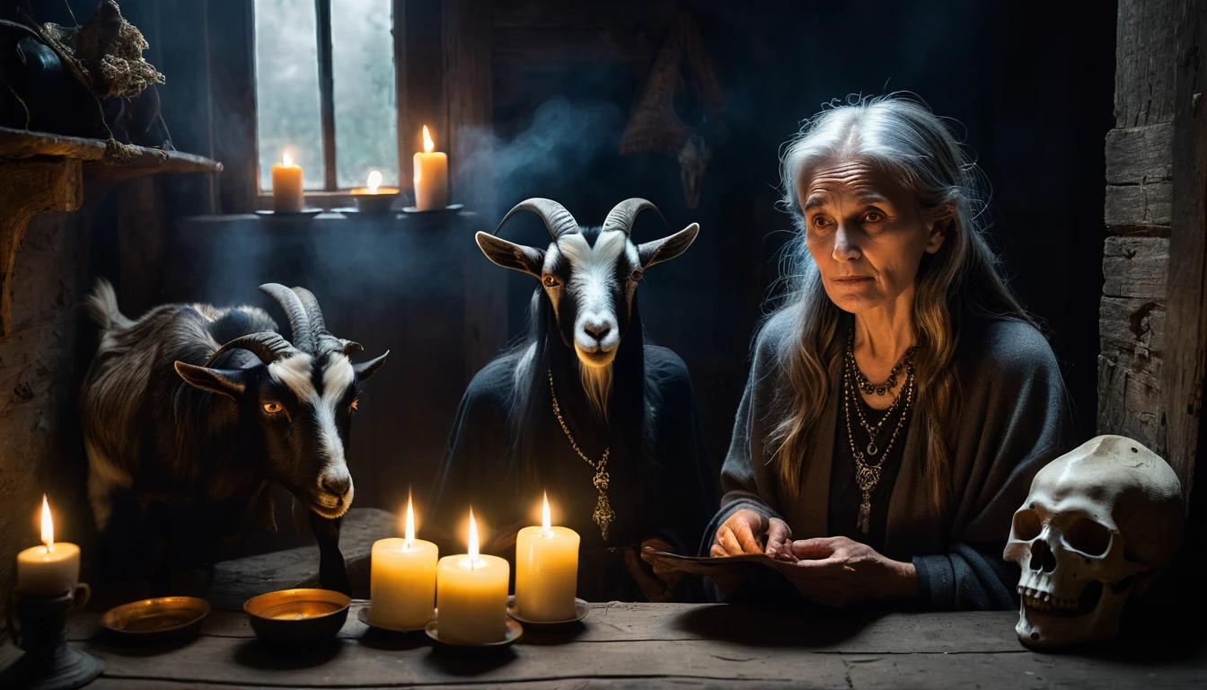 old woman inside an old house with a goat head, doing black magic, gloomy weather, candles, skulls scary scene