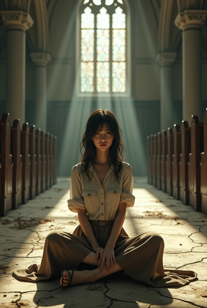 8k (realisitic) ((real photografic)) girl wearing a long skirt and a button-down shirt wearing heels , sitting on the church floor with her legs crossed, in an old, abandoned church
