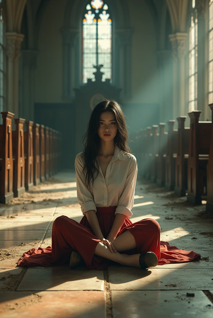 8k (realisitic) ((real photografic)) girl wearing a long skirt and a button-down shirt wearing heels , sitting on the church floor with her legs crossed, in an old, abandoned church