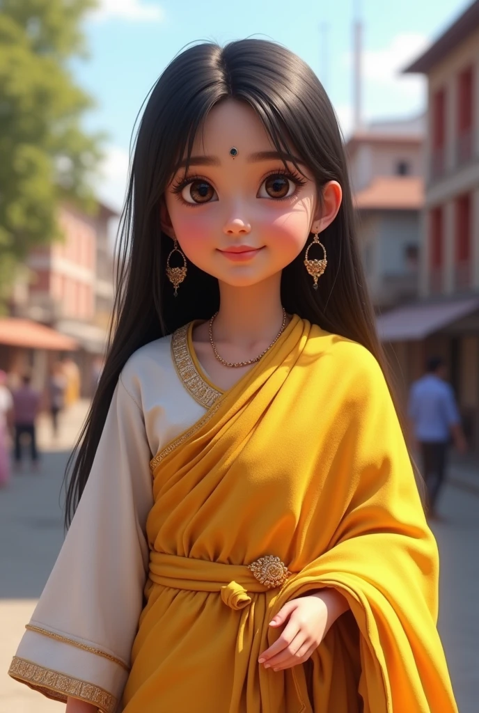 Create a cute nepali brahmin culture girl wearing a white kurtha and yellow sal and have properly white skin tone in a city background at a height of 4 feet and 11 inches and straight hair with light coming on her face with a normal size face and have small eyes