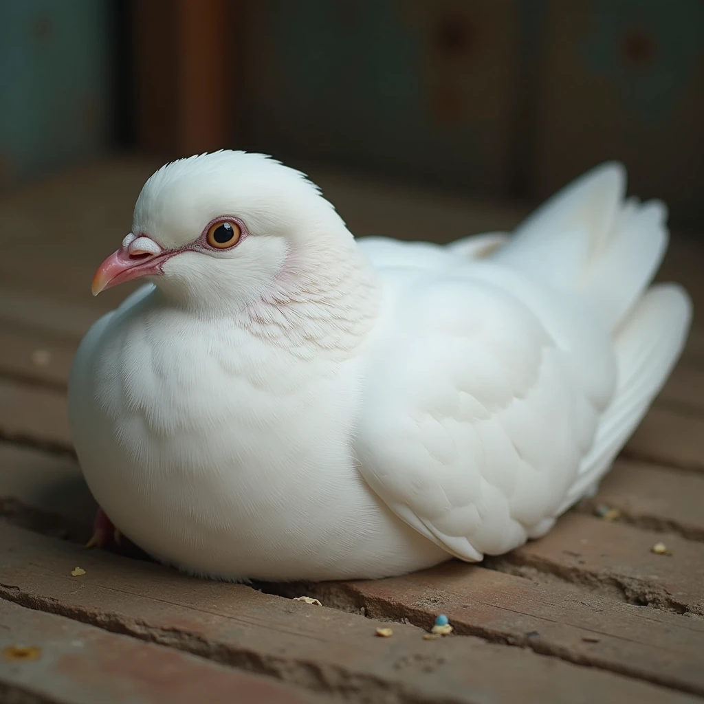 Realistic white indian fantail pigeon laying down and sleeping