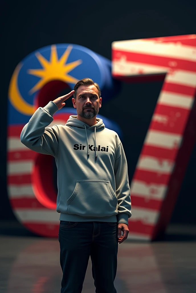 A real 30 years old man wearing hoodie dress with Text “Sir Kalai” written on tshirt, he standing near a 3d big Number “67” is decorated by Malaysia flag with dark background 32k ultra quality image, and he salute