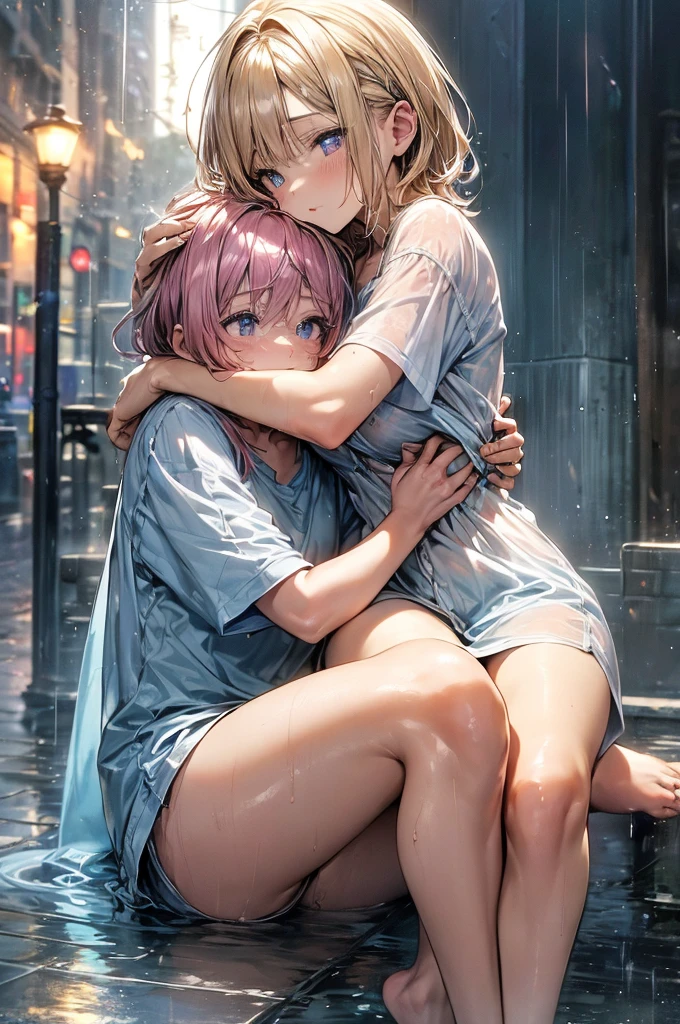 (amazing detail, amazing eyes, masterpiece, best quality:2.0, cinematic lighting:1.5, master quality), ((detailed deep purple eyes)), Purple eyes, 1girl, nighttime, outside, pavement, sidewalk, pouring rain, wet ground, naked except for her teal pyjama shirt, very short caramel-blonde hair, she is sitting on the ground with her bum on the wet floor while hugging her own legs for warmth, she is visibly depressed and pale with illness. The only source of light is the dull amber glow of a modern street light, her clothing sticks to her skin, and her pyjama shirt is made of linen or flannel material, dull non-reflective material, linen, short shirt, revealing shirt, almost naked, barefoot, thick teal pyjama shirt, Pyjama, linen, cotton, dull, sat with he back against a wall, sat cuddling her own knees. very short caramel-blonde hair, arms wrapped around her risen legs, cuddling, holding her own legs, sat on her backside, shirt, buttoned pyjama shirt,