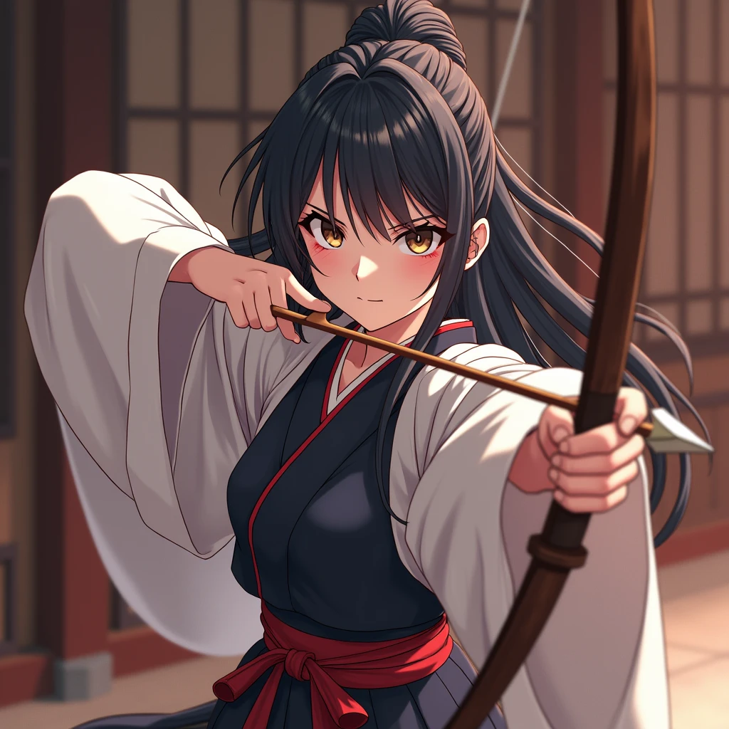 (masterpiece, detailed anime, official art, octane-render):1.33, 1girl, kyudo, archery, traditional_clothing, hakama, yumi, shooting_target, focused_eyes, determined_expression, long_hair, black_hair, tied_hair, dojo_background, Japanese_archery, dynamic_pose, perfect_form, elegant, traditional_sport, detailed_background, precise_aim, serene_atmosphere, traditional_culture, martial_arts, beautiful_girl, arrow_in_flight, traditional_uniform, concentration, calm_expression, traditional_dojo, Japanese_girl, archery_stance, poised, ethereal lighting