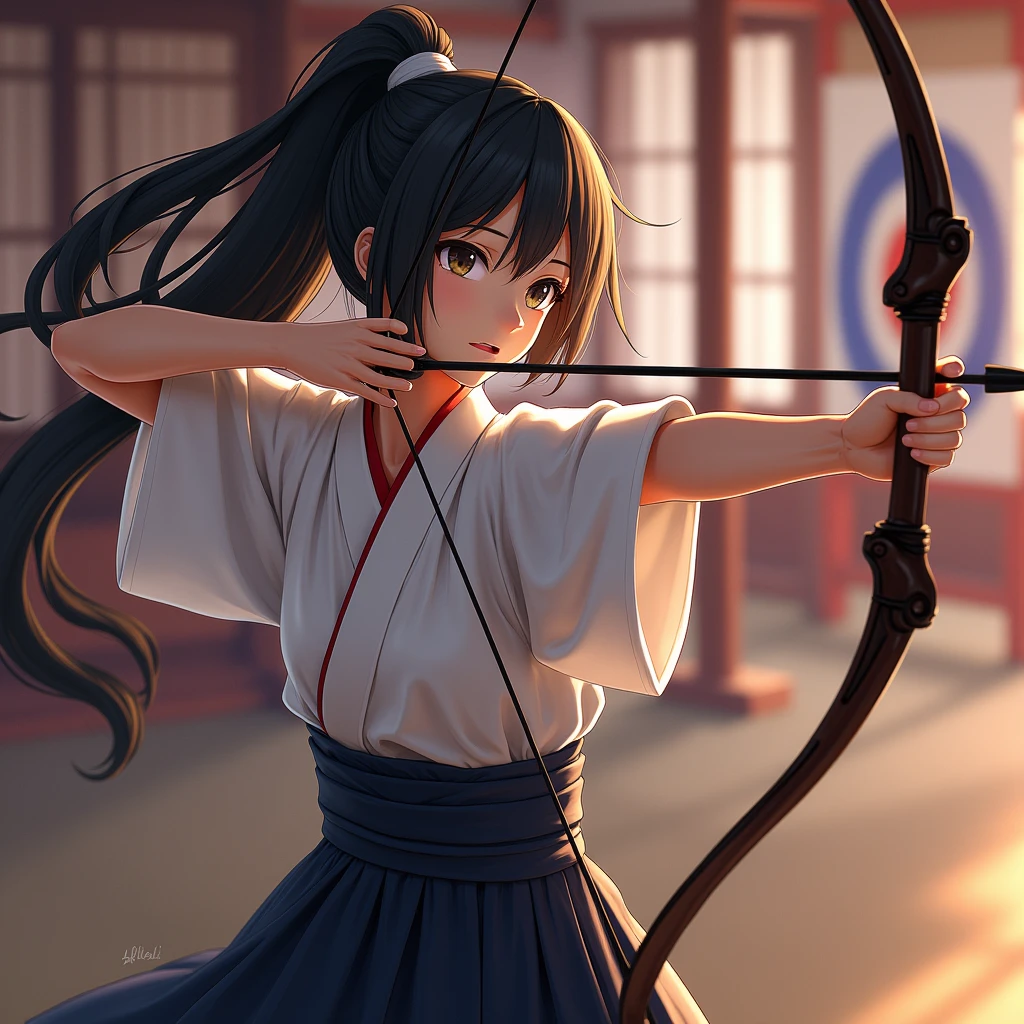 (masterpiece, detailed anime, official art, octane-render):1.33, 1girl, kyudo, archery, traditional_clothing, hakama, yumi, shooting_target, focused_eyes, determined_expression, long_hair, black_hair, tied_hair, dojo_background, Japanese_archery, dynamic_pose, perfect_form, elegant, traditional_sport, detailed_background, precise_aim, serene_atmosphere, traditional_culture, martial_arts, beautiful_girl, arrow_in_flight, traditional_uniform, concentration, calm_expression, traditional_dojo, Japanese_girl, archery_stance, poised, ethereal lighting