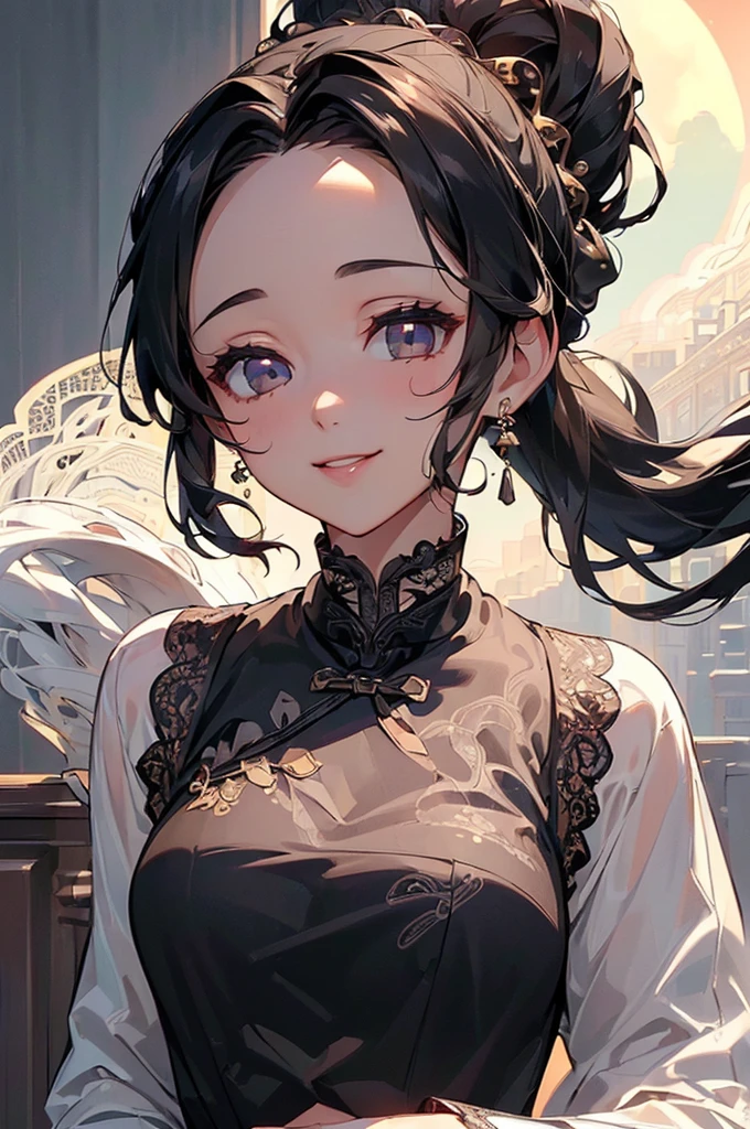 ((((High resolution, Intricate details, masterpiece, 8k)))), (((beautiful, Lace cheongsam))), ((One Woman, face close up, Smiling)), (Black Hair, Forehead, Long Hair, ponytail, hair ornaments, slender), from front, looking at viewer, look at viewer, town, night, moon,