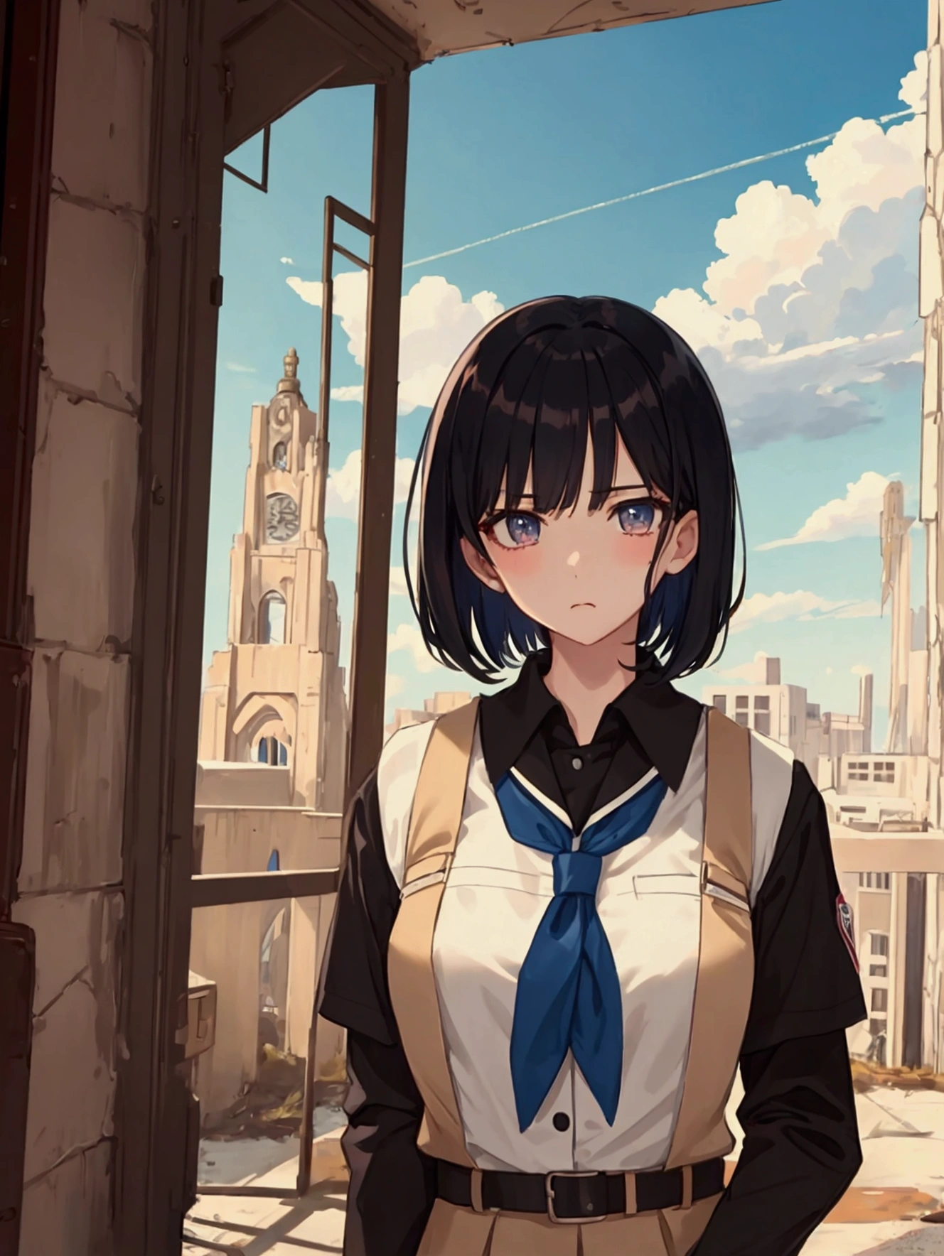 masterpiece, best quality, high school girl, short hair, uniforms, ruin, dawn, fall city, gun, looking at sky, sad face, aesthetics, Highly detailed