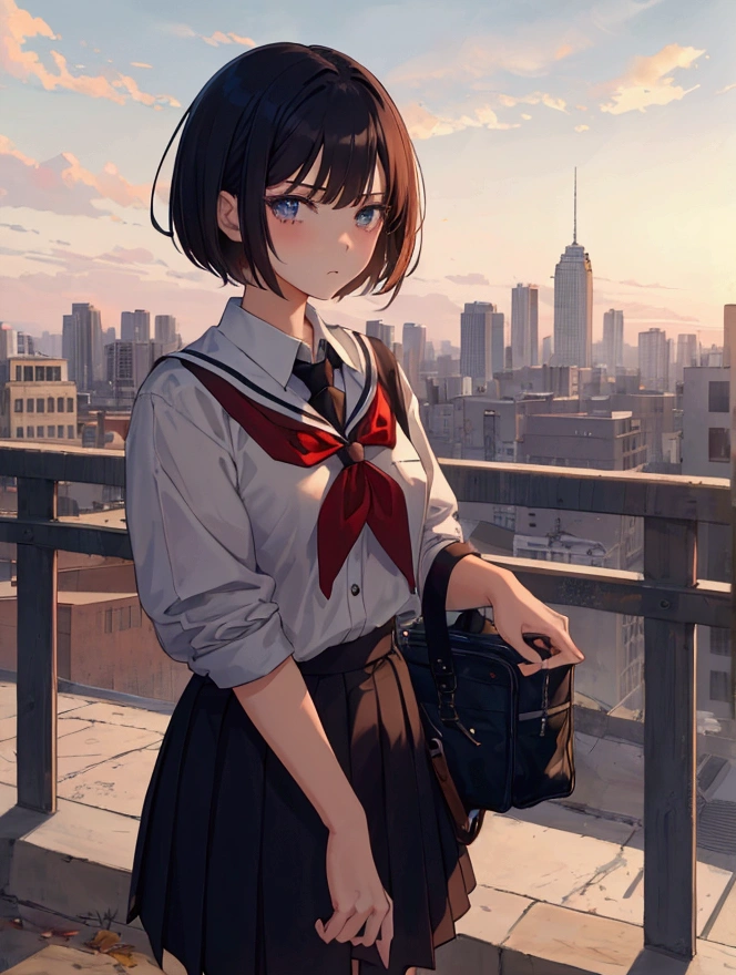 masterpiece, best quality, high school girl, short hair, uniforms, ruin, dawn, fall city, gun, looking at sky, sad face, aesthetics, Highly detailed
