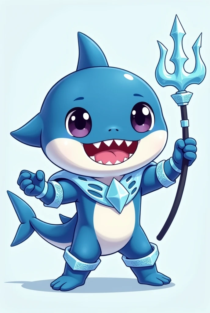 A chibi humaniod baby shark with icy blue scales and frosty accents. Ice armor and holding a mini trident. Style : Ken Sugimori, 2d , anime, Full-body, t pose, 4k , HDR, highest quality, cel shaded
