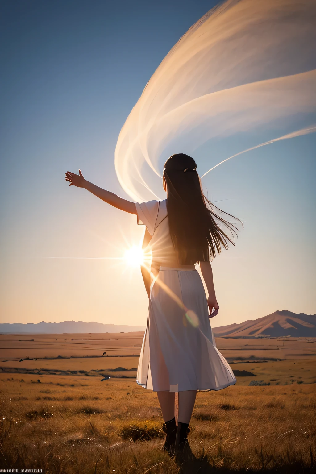 Hair floating in midair, back view, Look at the sun, There is a starship in the sky, Three suns, A with black hair, 12 year old girl, Standing in the steppe, landscape, universe, 8k, super detail