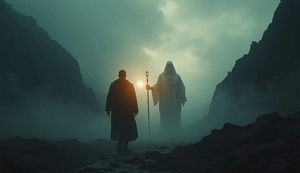 "A powerful and emotional cinematic scene, depicting a lonely character walking through a dark and desolate valley, symbolizing the 'shadow of death'. The environment is shrouded in dense fog, with dark mountains in the background and a dramatic sky, almost apocalyptic. next to the character, a divine figure, representando Deus, stands out with an aura of soft light, holding a rod and staff that emanate a comforting glow. The character's expression reflects both fear and hope, while the divine presence brings a sense of protection and peace. The composition of the image is rich in details, with lighting that highlights the contrast between the darkness of the valley and the celestial light next to the protagonist."