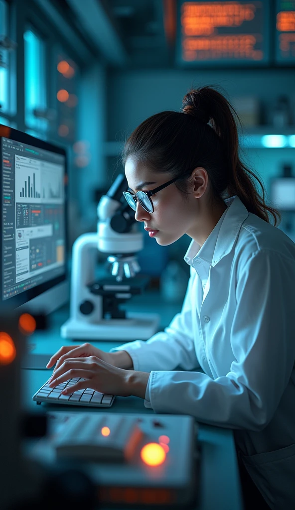 A Scientist Working Late in the Lab**: A scientist, illuminated by the glow of lab equipment, intently analyzing data or conducting experiments, demonstrating their unwavering commitment to their research.in Dall e-3 style 
