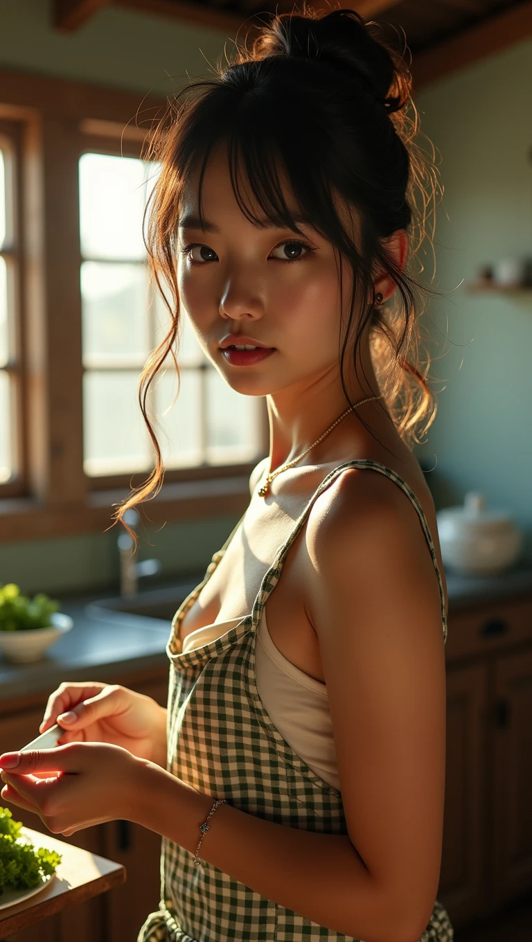 (32K:1.9, Highest quality, masterpiece, Ultra-high resolution, Professional low-angle camerawork:1.5, Very detailedな肌と顔の質感:1.4), Always accurate, Very detailed, ((27-year-old Japanese wife, Busty on the verge of collapse, A small face with ultimate beauty, Cooking in the kitchen:1.6, The morning light illuminates the hut, Wearing only a gingham apron, naked.:1.7, Incredibly slim body:1.5, areola is not visible)), Fair skin, elegant, sense of cleanliness, Vegetable cutting pose, (Big eyes that exude beautiful eroticism:0.4, A shy smile:1.0, I love you with all my heart:0.8, Please open your mouth a little, lipstick, Feel the beautiful eroticism:0.9), (Wet dark brown messy hair), Earrings, necklace, bracelet, (romantic, artistic, mysterious), Object of admiration, original, dramatic, Innovative, charm, Heartful, Fancy, sense of openness, special, exciting, Extreme, Tilt, sense of loss, sorrow, sorrowの表現, (((若さのcharm, 女性的なcharm)))
