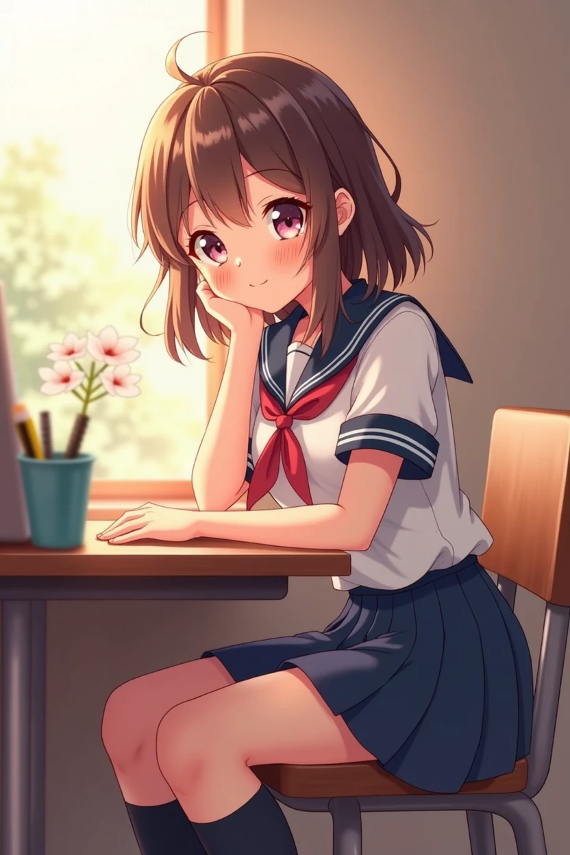 An anime-style female student character sitting next to me or sharing the same desk, looking at me with her hand touching her cheek, and smiling sweetly and cutely."
This description can be used as a prompt for creating a clear 4K quality AI-generated image.