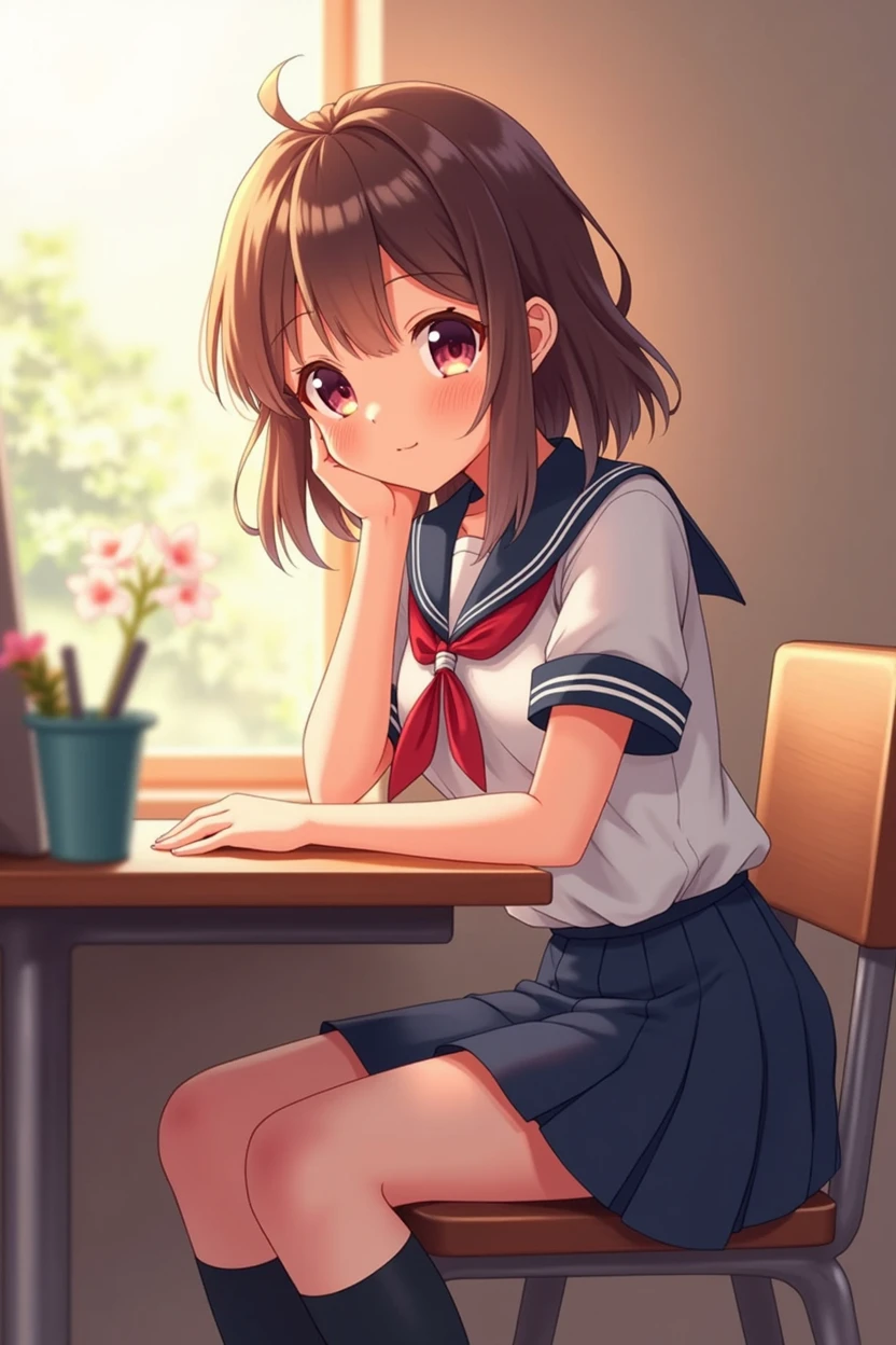 An anime-style female student character sitting next to me or sharing the same desk, looking at me with her hand touching her cheek, and smiling sweetly and cutely."
This description can be used as a prompt for creating a clear 4K quality AI-generated image.