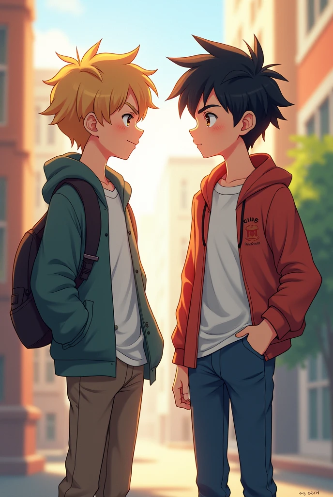 (anime) two boys one blond one black hair, random clothes