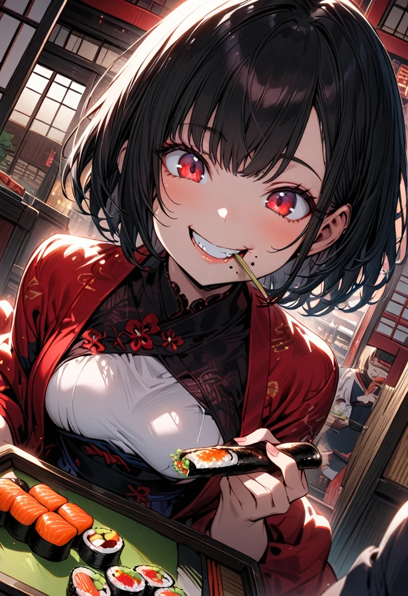 Short hair,  woman, small breasts, red sharp eyes, big eyes, cute girl, eating sushi, Japanese sushi, big smile, nice smile, detailed face, busty camera angle