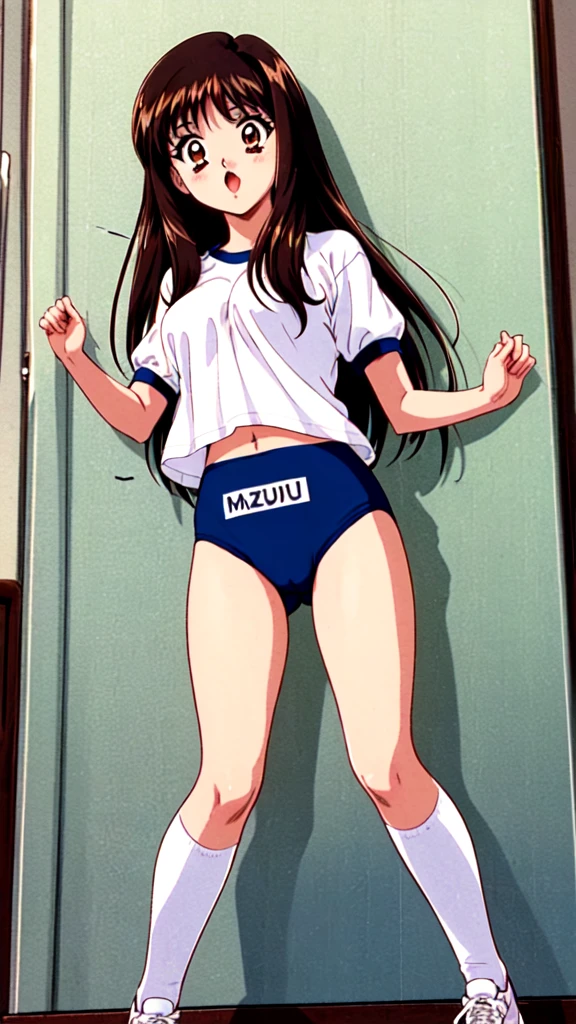 Yuuki Mizuho, One person, alone, Long Hair, hair band, Brown Hair, (gym uniform,(blue brown:1.2), (white shirt, short sleeves:1.2), thighs:1.3),(navel:1.3),(cameltoe:1.1),large breasts, It's not a leotard., Open your mouth, blush, Lips parted, liar, locker room, To the audience, ground level shot, retro artstyle,White knee socks, sneakers, 1990s (style), expensive quality, very_expensive_solve, big_file size, Full Color, nsfw, (Accurate fingertips, Browse 4, Thumb 1),