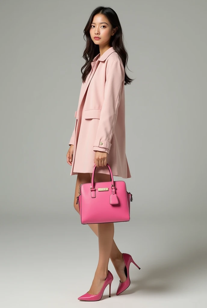 The fashion model is holding a trendy Korean brand bag and looks like son young joo. She is wearing pink high heels.