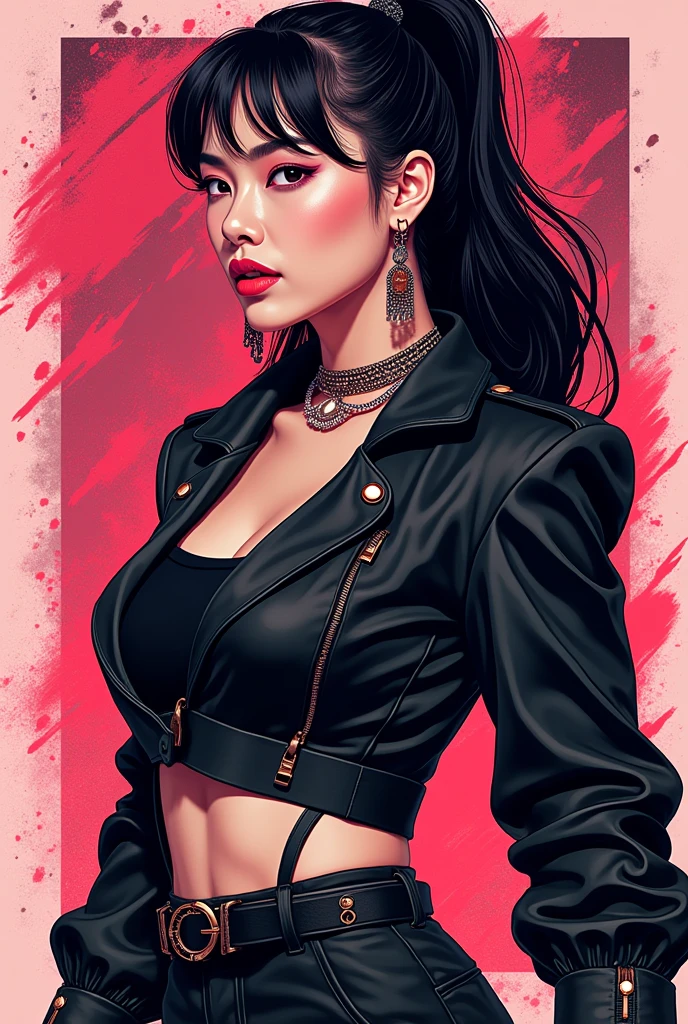 Design a vector-style promo of Jenny from BLACKPINK, featuring bold lines and vibrant colors. Capture her confident, fashionable persona in a powerful pose with abstract shapes in the background. Use BLACKPINK's signature black and pink tones, with metallic accents for a modern, edgy vibe.