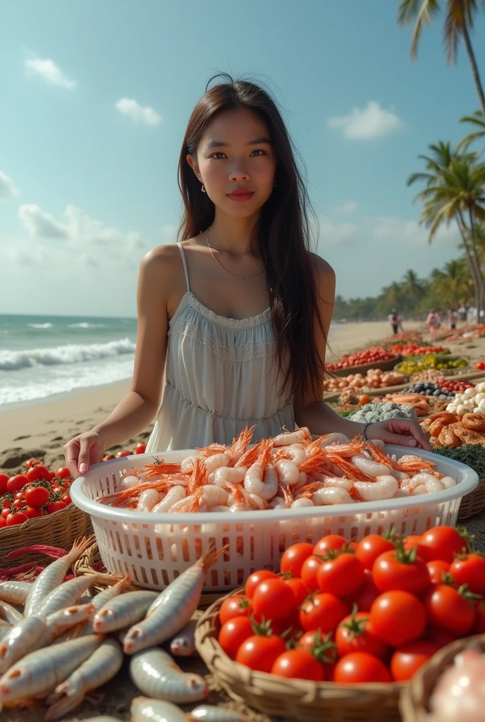 a woman with long hair, well-groomed white skin, eyes focused on the front, on a beach full of various kinds of shrimp, squid, there are tomatoes, chilies, and put in a transparent plastic basket, the texture of the fish and invitations looks authentic, there are also fish and prawns put in a bamboo basket, 4k photography, connection, joy of awakening, fisherman, winner of seafood competition, excellent photo quality, Indonesian traditional garden, 1024×1024